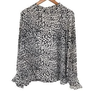 DKNY Animal Printed Ruffle-Neck Ling Sleeve Business Casual Boho Blouse Size XL